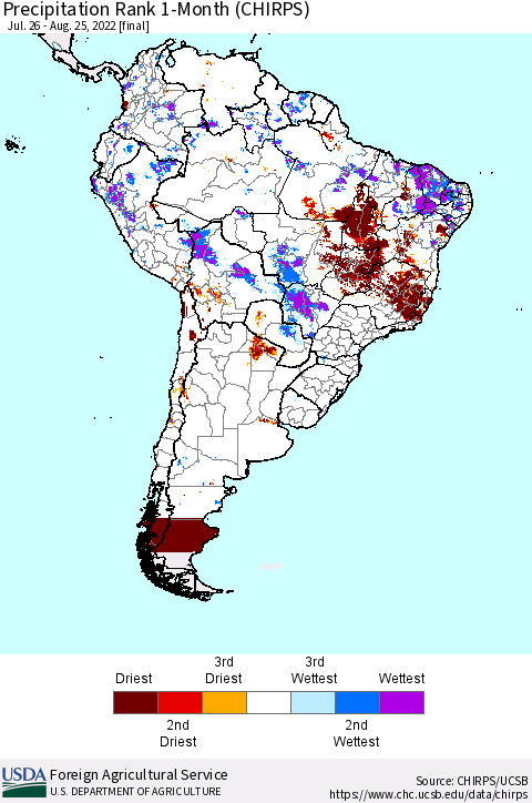 South America Precipitation Rank since 1981, 1-Month (CHIRPS) Thematic Map For 7/26/2022 - 8/25/2022