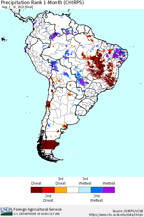 South America Precipitation Rank since 1981, 1-Month (CHIRPS) Thematic Map For 8/1/2022 - 8/31/2022