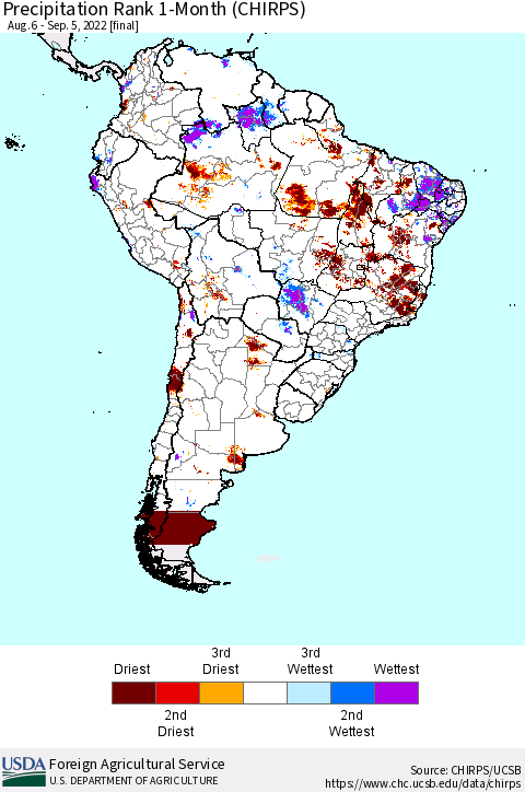 South America Precipitation Rank since 1981, 1-Month (CHIRPS) Thematic Map For 8/6/2022 - 9/5/2022