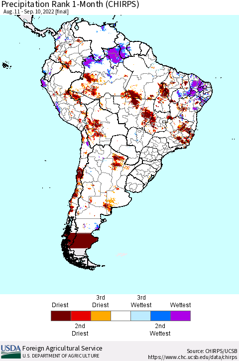 South America Precipitation Rank since 1981, 1-Month (CHIRPS) Thematic Map For 8/11/2022 - 9/10/2022