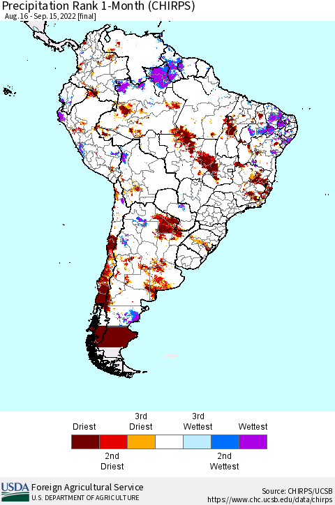 South America Precipitation Rank since 1981, 1-Month (CHIRPS) Thematic Map For 8/16/2022 - 9/15/2022