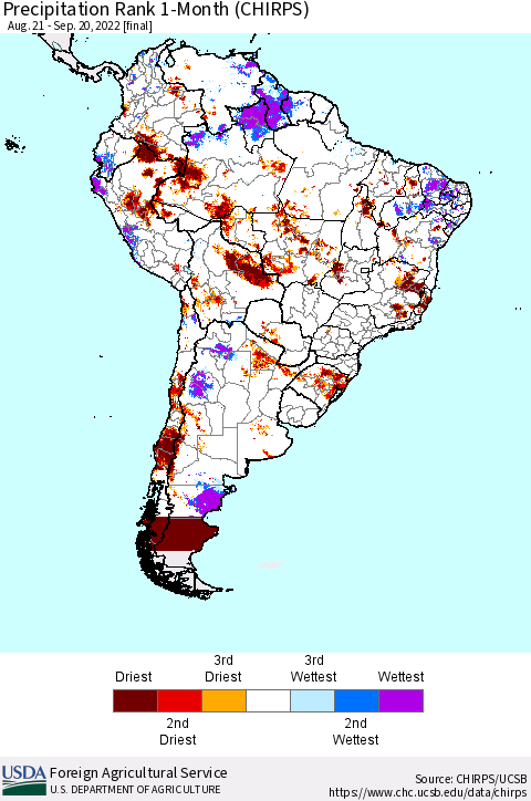 South America Precipitation Rank since 1981, 1-Month (CHIRPS) Thematic Map For 8/21/2022 - 9/20/2022