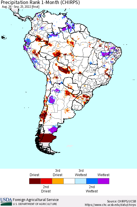 South America Precipitation Rank since 1981, 1-Month (CHIRPS) Thematic Map For 8/26/2022 - 9/25/2022