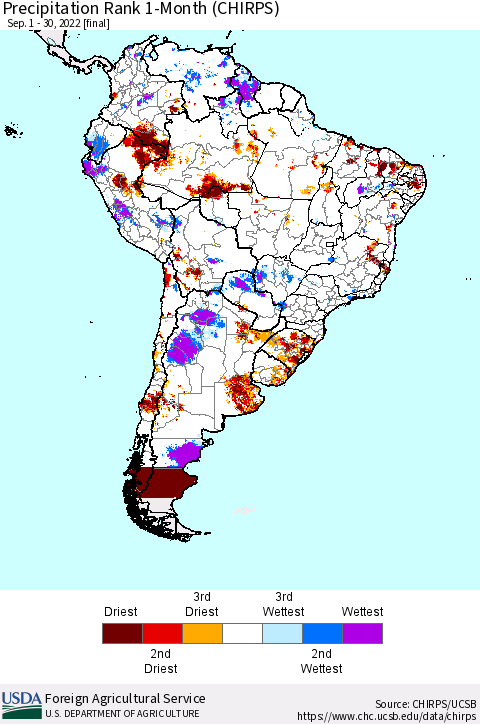 South America Precipitation Rank since 1981, 1-Month (CHIRPS) Thematic Map For 9/1/2022 - 9/30/2022