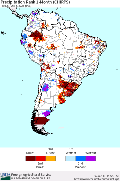 South America Precipitation Rank since 1981, 1-Month (CHIRPS) Thematic Map For 9/6/2022 - 10/5/2022