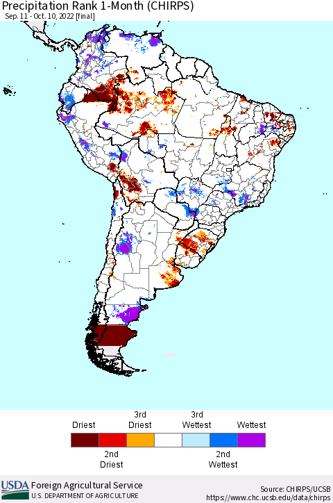South America Precipitation Rank since 1981, 1-Month (CHIRPS) Thematic Map For 9/11/2022 - 10/10/2022