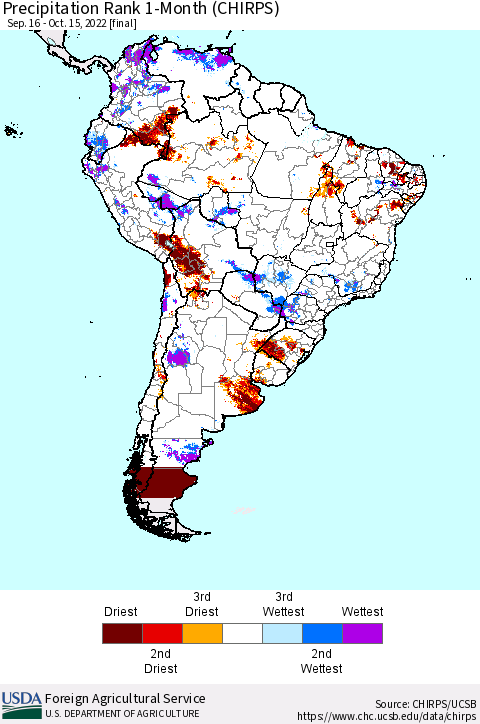 South America Precipitation Rank since 1981, 1-Month (CHIRPS) Thematic Map For 9/16/2022 - 10/15/2022