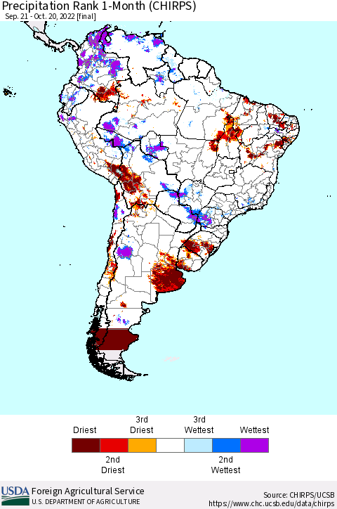 South America Precipitation Rank since 1981, 1-Month (CHIRPS) Thematic Map For 9/21/2022 - 10/20/2022