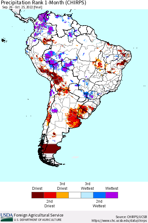 South America Precipitation Rank since 1981, 1-Month (CHIRPS) Thematic Map For 9/26/2022 - 10/25/2022
