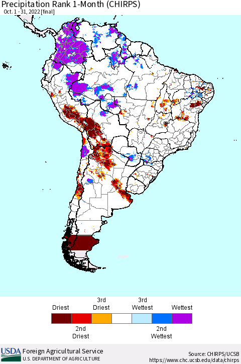 South America Precipitation Rank since 1981, 1-Month (CHIRPS) Thematic Map For 10/1/2022 - 10/31/2022