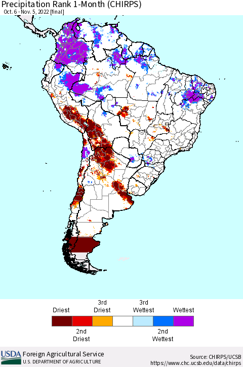 South America Precipitation Rank since 1981, 1-Month (CHIRPS) Thematic Map For 10/6/2022 - 11/5/2022