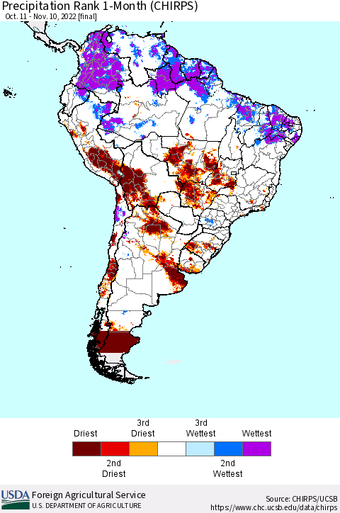 South America Precipitation Rank since 1981, 1-Month (CHIRPS) Thematic Map For 10/11/2022 - 11/10/2022