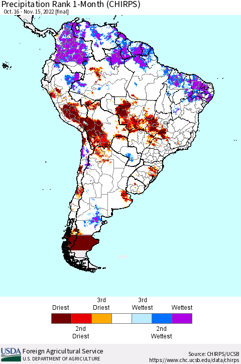 South America Precipitation Rank since 1981, 1-Month (CHIRPS) Thematic Map For 10/16/2022 - 11/15/2022