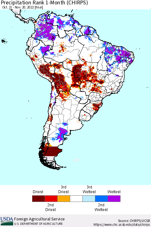 South America Precipitation Rank since 1981, 1-Month (CHIRPS) Thematic Map For 10/21/2022 - 11/20/2022