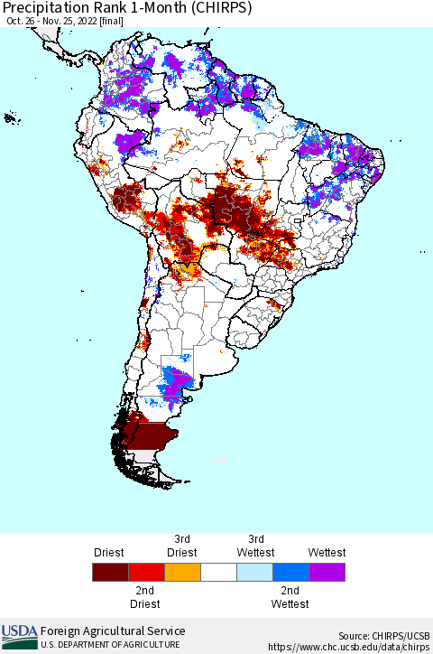 South America Precipitation Rank since 1981, 1-Month (CHIRPS) Thematic Map For 10/26/2022 - 11/25/2022