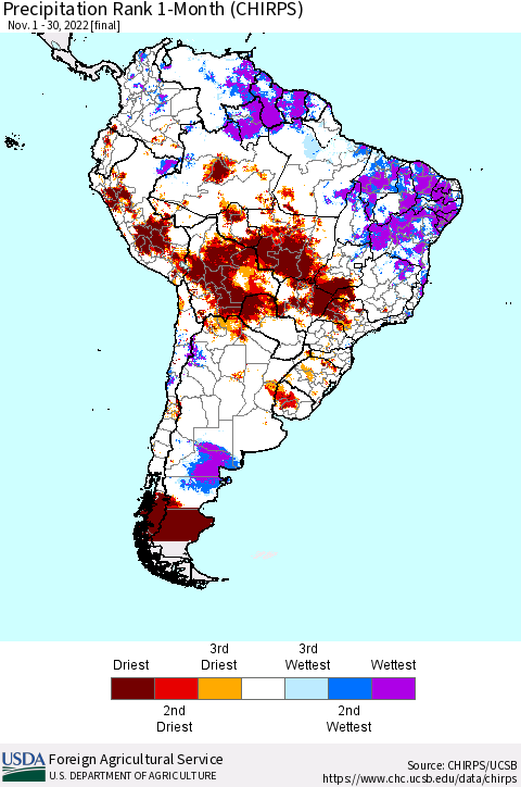 South America Precipitation Rank since 1981, 1-Month (CHIRPS) Thematic Map For 11/1/2022 - 11/30/2022