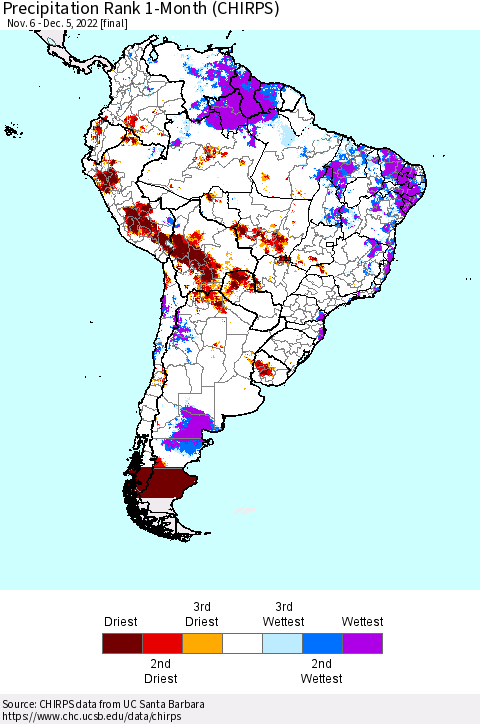 South America Precipitation Rank since 1981, 1-Month (CHIRPS) Thematic Map For 11/6/2022 - 12/5/2022
