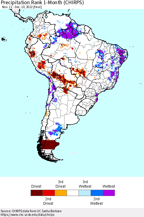 South America Precipitation Rank since 1981, 1-Month (CHIRPS) Thematic Map For 11/11/2022 - 12/10/2022