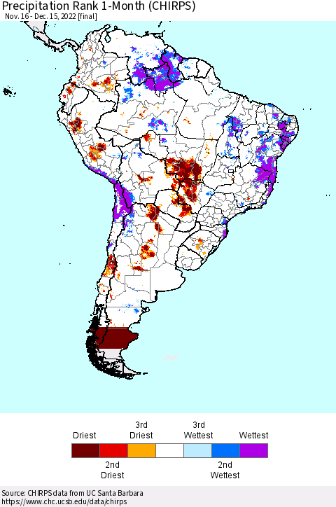 South America Precipitation Rank since 1981, 1-Month (CHIRPS) Thematic Map For 11/16/2022 - 12/15/2022