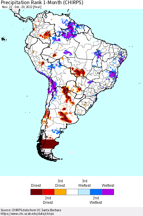 South America Precipitation Rank since 1981, 1-Month (CHIRPS) Thematic Map For 11/21/2022 - 12/20/2022