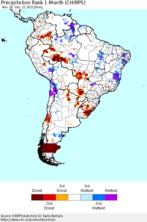 South America Precipitation Rank since 1981, 1-Month (CHIRPS) Thematic Map For 11/26/2022 - 12/25/2022