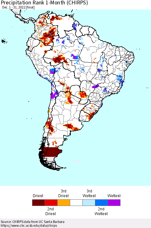 South America Precipitation Rank since 1981, 1-Month (CHIRPS) Thematic Map For 12/1/2022 - 12/31/2022