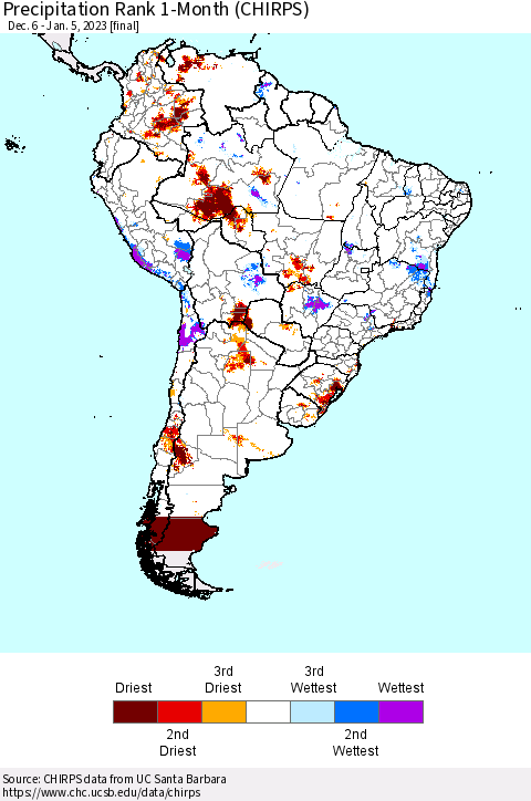 South America Precipitation Rank since 1981, 1-Month (CHIRPS) Thematic Map For 12/6/2022 - 1/5/2023
