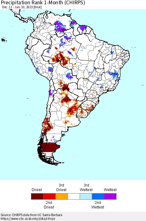 South America Precipitation Rank since 1981, 1-Month (CHIRPS) Thematic Map For 12/11/2022 - 1/10/2023