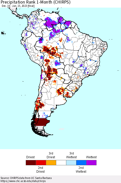 South America Precipitation Rank since 1981, 1-Month (CHIRPS) Thematic Map For 12/16/2022 - 1/15/2023