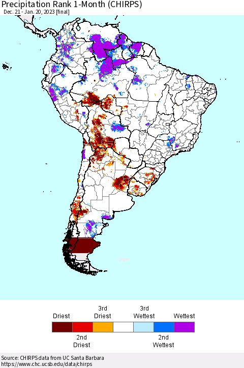 South America Precipitation Rank since 1981, 1-Month (CHIRPS) Thematic Map For 12/21/2022 - 1/20/2023