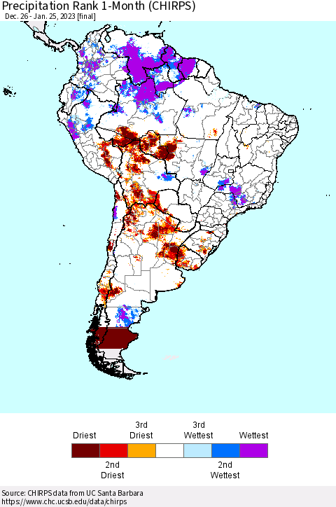 South America Precipitation Rank since 1981, 1-Month (CHIRPS) Thematic Map For 12/26/2022 - 1/25/2023