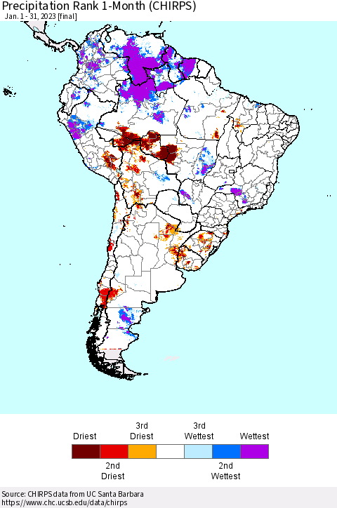 South America Precipitation Rank since 1981, 1-Month (CHIRPS) Thematic Map For 1/1/2023 - 1/31/2023