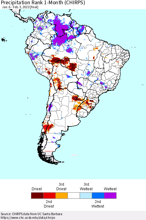 South America Precipitation Rank since 1981, 1-Month (CHIRPS) Thematic Map For 1/6/2023 - 2/5/2023