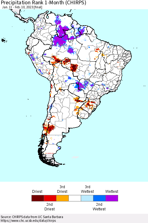 South America Precipitation Rank since 1981, 1-Month (CHIRPS) Thematic Map For 1/11/2023 - 2/10/2023