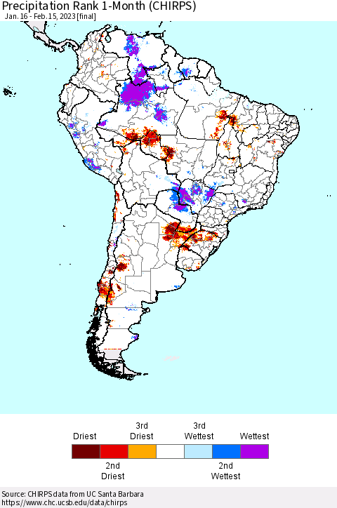 South America Precipitation Rank since 1981, 1-Month (CHIRPS) Thematic Map For 1/16/2023 - 2/15/2023