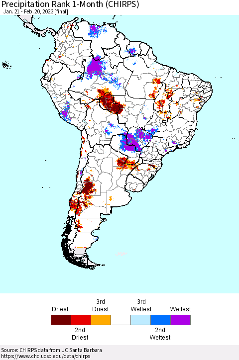 South America Precipitation Rank since 1981, 1-Month (CHIRPS) Thematic Map For 1/21/2023 - 2/20/2023