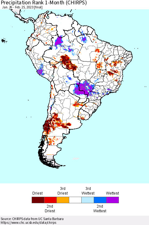 South America Precipitation Rank since 1981, 1-Month (CHIRPS) Thematic Map For 1/26/2023 - 2/25/2023