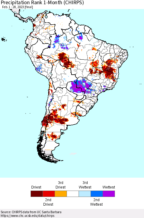 South America Precipitation Rank since 1981, 1-Month (CHIRPS) Thematic Map For 2/1/2023 - 2/28/2023