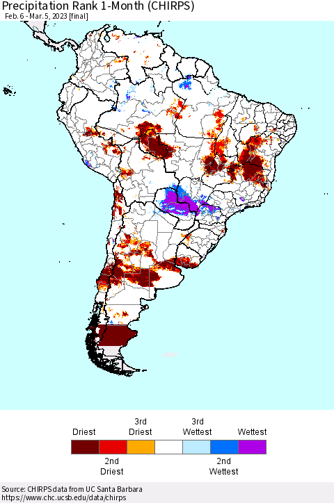 South America Precipitation Rank since 1981, 1-Month (CHIRPS) Thematic Map For 2/6/2023 - 3/5/2023
