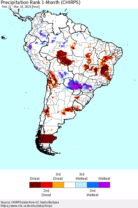 South America Precipitation Rank since 1981, 1-Month (CHIRPS) Thematic Map For 2/11/2023 - 3/10/2023