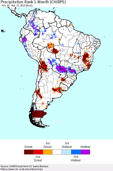 South America Precipitation Rank since 1981, 1-Month (CHIRPS) Thematic Map For 2/16/2023 - 3/15/2023
