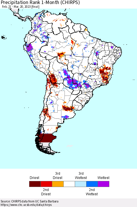 South America Precipitation Rank since 1981, 1-Month (CHIRPS) Thematic Map For 2/21/2023 - 3/20/2023