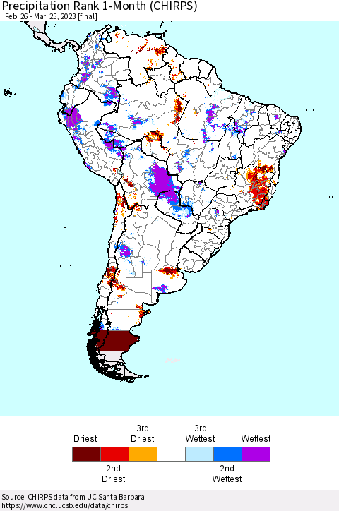 South America Precipitation Rank since 1981, 1-Month (CHIRPS) Thematic Map For 2/26/2023 - 3/25/2023