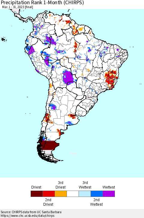 South America Precipitation Rank since 1981, 1-Month (CHIRPS) Thematic Map For 3/1/2023 - 3/31/2023