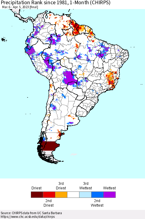 South America Precipitation Rank since 1981, 1-Month (CHIRPS) Thematic Map For 3/6/2023 - 4/5/2023