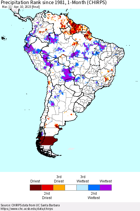 South America Precipitation Rank since 1981, 1-Month (CHIRPS) Thematic Map For 3/11/2023 - 4/10/2023