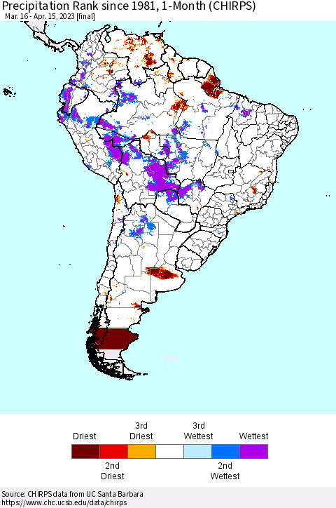 South America Precipitation Rank since 1981, 1-Month (CHIRPS) Thematic Map For 3/16/2023 - 4/15/2023