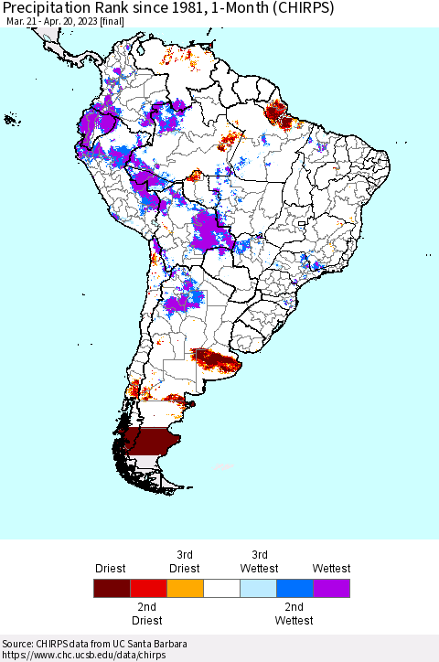 South America Precipitation Rank since 1981, 1-Month (CHIRPS) Thematic Map For 3/21/2023 - 4/20/2023