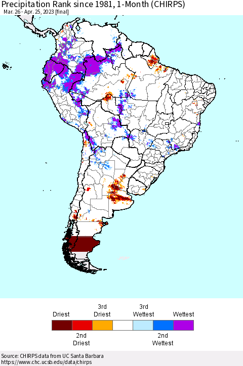 South America Precipitation Rank since 1981, 1-Month (CHIRPS) Thematic Map For 3/26/2023 - 4/25/2023