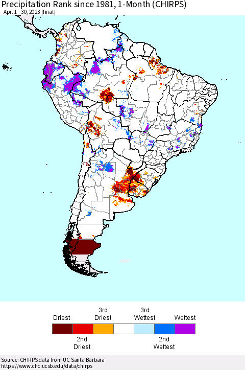 South America Precipitation Rank since 1981, 1-Month (CHIRPS) Thematic Map For 4/1/2023 - 4/30/2023